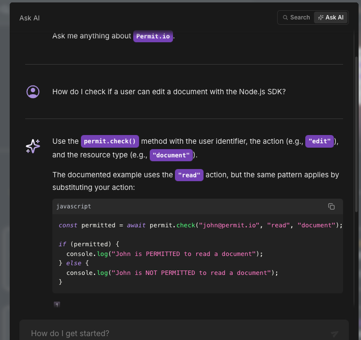 Ask AI panel showing the question "How do I check if a user can edit a document with the Node.js SDK?", a full permit.check() code sample, and a numbered source citation