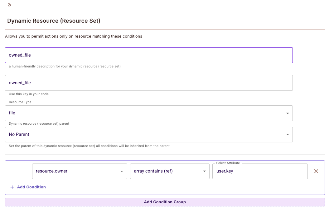 Dynamic Resource (Resource Set) form named owned_file for the file resource type, with the condition resource.owner array contains (ref) user.key