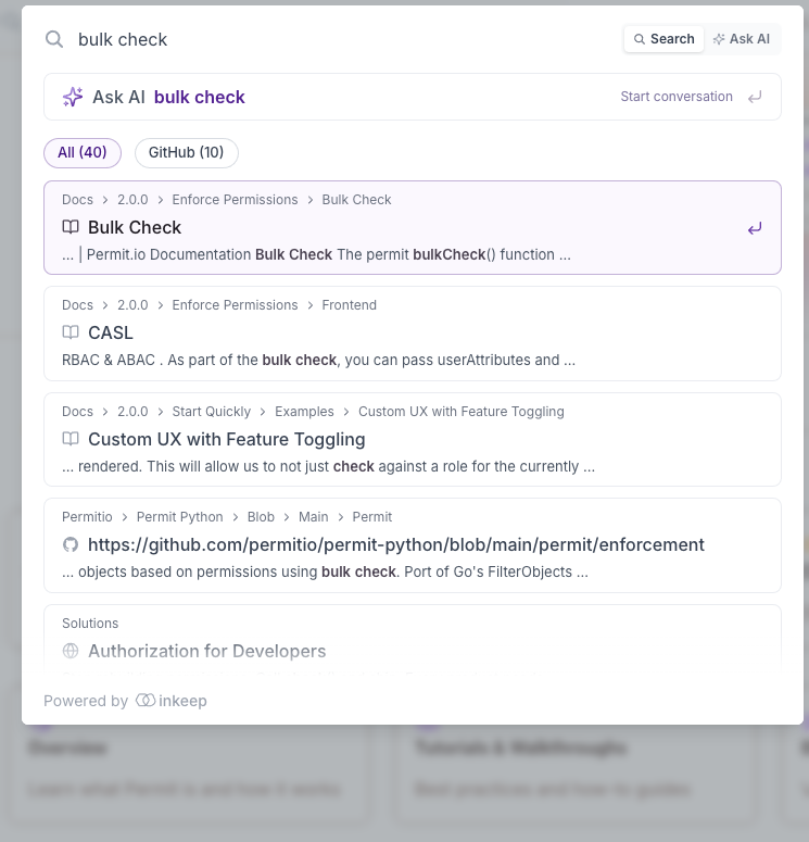 Search box with the query "bulk check" showing matching documentation and GitHub results