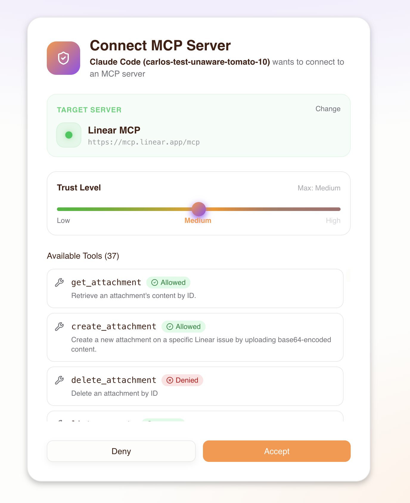 Consent flow — set trust level and review tools