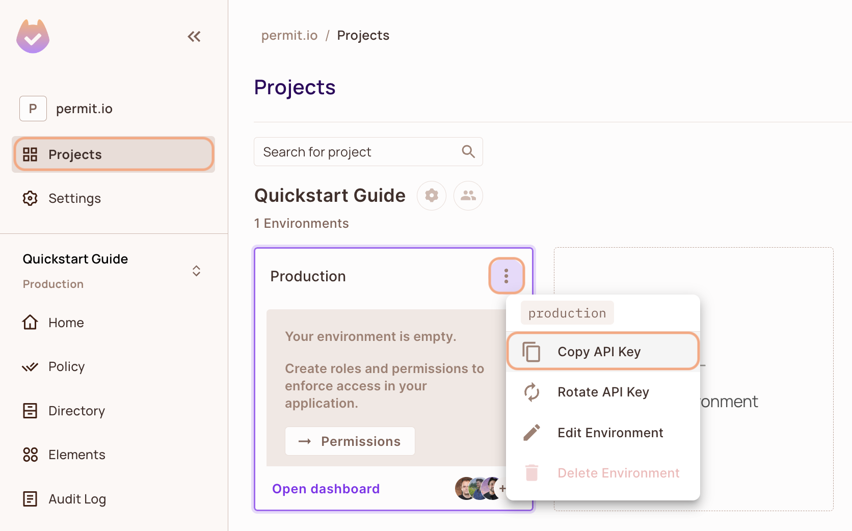 Copy secret key from Projects management